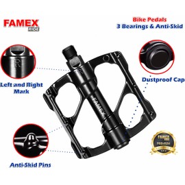 FAMEX RIDE Premium Bike Pedals, 3 Sealed Bearings Bicycle Pedals, 9/16inch Threads of Bike Flat Pedal, Aluminum Alloy Bicycle Cycling Pedals + The Wrench