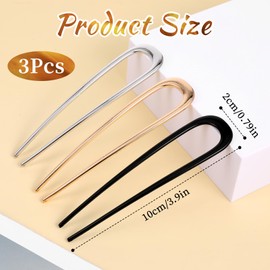 Lnngub Pack of 3 U Shaped Hair Pins, 3 Colours Stainless Steel Vintage 2 Prong Hair Bun Pins for Women and Girls, U-Shaped Hair Pin for Everyday and Delicate Occasions (14 x 3.5 cm)