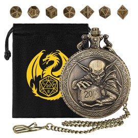 Mini DND Dice Set with Hobgoblin Holding D20 Dice Pocket Watch Shell Case, 7pcs Polyhedral Metal Dice Set, DND Starter Set, D&D Gifts with Gift Bag, Role Playing Board Game Accessories, Bronze