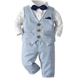 amokk Baby Boy Formal Outfits White Shirt + Plaid Waistcoat + Pants + Bowtie 4Pcs Gentleman Clothing Set for 1st Birthday (Blue, 18-24 M)
