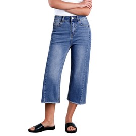 Sidefeel Women's Wide Leg Jeans High Waisted Stretchy Raw Hem Capri Pants Size 14 Blue