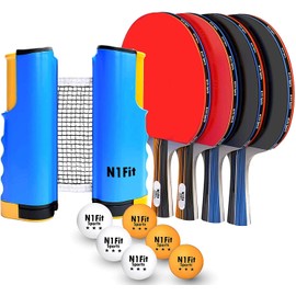 Ping Pong Paddle Set - 4 Professional Rackets, Retractable Net, 6 Pig Pong Balls, Carry Case - Indoor and Outdoor Table Tennis Play