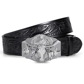 TRIWORKS Western Cow-head Buckle cow Leather Belt, A-black, Fit Size 38"-41"