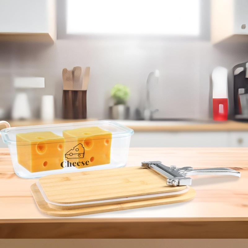 Yomjarl Cheese Container for Refrigerator,Glass cheese slice holder with Wooden