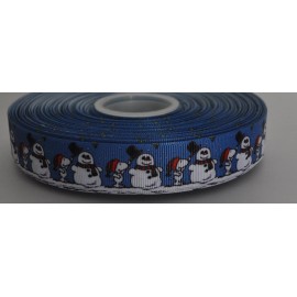 7/8 INCH CHRISTMAS SNOOPY AND SNOWMAN ON BLUE GROSGRAIN RIBBON - 1 YARD