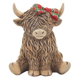 celebrationgiftsforall Highland Cow Figurine Ornament with a Traditional Scottish Tartan bow and a Sentimental Wallet Card