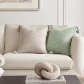 Meekio Set of 2 Pale Sage Pillow Covers 20 x 20 inches Neutral Pillow Covers Textured Throw Pillow Covers with Tassels for Neutral Home Decor