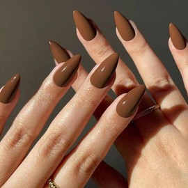 Glossy Coffee Press on Nails Almond,KXAMELIE Glue on Nails Medium Length Almond Shaped,Fake Nails Stick on Nails for Women and Girls Daily Wear in 24PCS