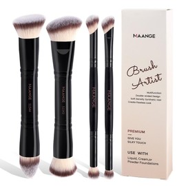 MAANGE Brochas para Maquillaje Profesional, 4 Brochas Maquillaje de Doble Punta Premium para Pulir Líquidos, Cremas, Polvos, Difuminar y Contornear el Rostro(Negro-2)