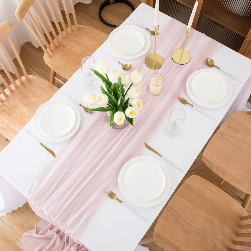 CHUQING Chiffon Table Runner,27 x 118 inch, Pink, Thin Decorative