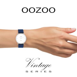 Oozoo Vintage Women's Watch with 18 mm Leather Strap Analogue Women's Watch in Round, Dark Blue/Silver, Strap.