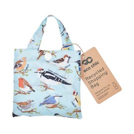 ECO CHIC Lightweight Foldable Reusable Shopping Bag Water Resistant Tote Bag (Wild Birds Blue)