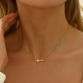 Nawflue Cross Necklace for Women 18K Gold Plated Sideways Cross Link Chain Necklace Adjustable Stainless Steel Trendy Faith Jewelry