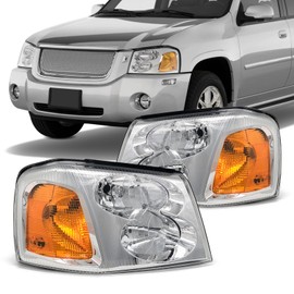 AS Headlight Assembly for 2002 2003 2004 2005 2006 2007 2008 2009 Gmc Envoy Clear Lens Chrome Housing with Amber Reflector Headlamp Replacement Pair Driver and Passenger Side