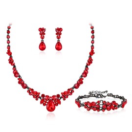 Ever Faith Red Rhinestone Jewelry Set for Women, Sparkly Crystal Teardrop Costume Prom Party Necklace Dangle Earrings Bracelet Sets Black-Tone