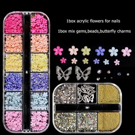 3D Flowers Nail Charms, 3D Pink Pastel Acrylic Flower for Nails, Gold Caviar Beads Nail Decorations Mixed Rhinestones Kit, Crystal AB Color Gems Nail Diamonds Rhinestones for Women Craft Jewelry