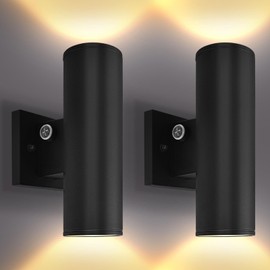 Luxrite Dusk to Dawn LED Modern Outdoor Wall Lights, 10" Cylinder, Up or Up and Down Light, 3CCT 3000K-5000K, Waterproof Wall Sconce, 12/15/18W, Dimmable, IP65, ETL, Exterior Porch Patio Garage 2-Pack