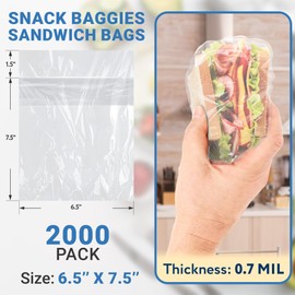 APQ Supply Clear Fold Top Sandwich Bags, 6.5 x 7.5 Inch. Pack of 2000 Plastic Baggies for Sandwiches. Reusable Fold-Over Snack Size Bags. 0.7 mil Polyethylene Lunch Packaging. Bulk Sandwich Bag
