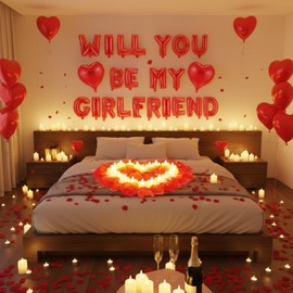 HyDren 18" Will You Be My Girlfriend Balloons Letters Kit Include Heart Shaped Balloons and LED Tealight Candles with Rose Petals Romantic Girlfriend Proposal Kit Valentines Day Decorations(Red)