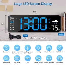 Digital Wall Clock with Remote Control, Large Display Plug in LED Digital Alarm Clock with 12/24Hr, Date, Week, Temperature, DST, Digital Clock for Living Room, Bedroom, Office Wall Decor (Blue)