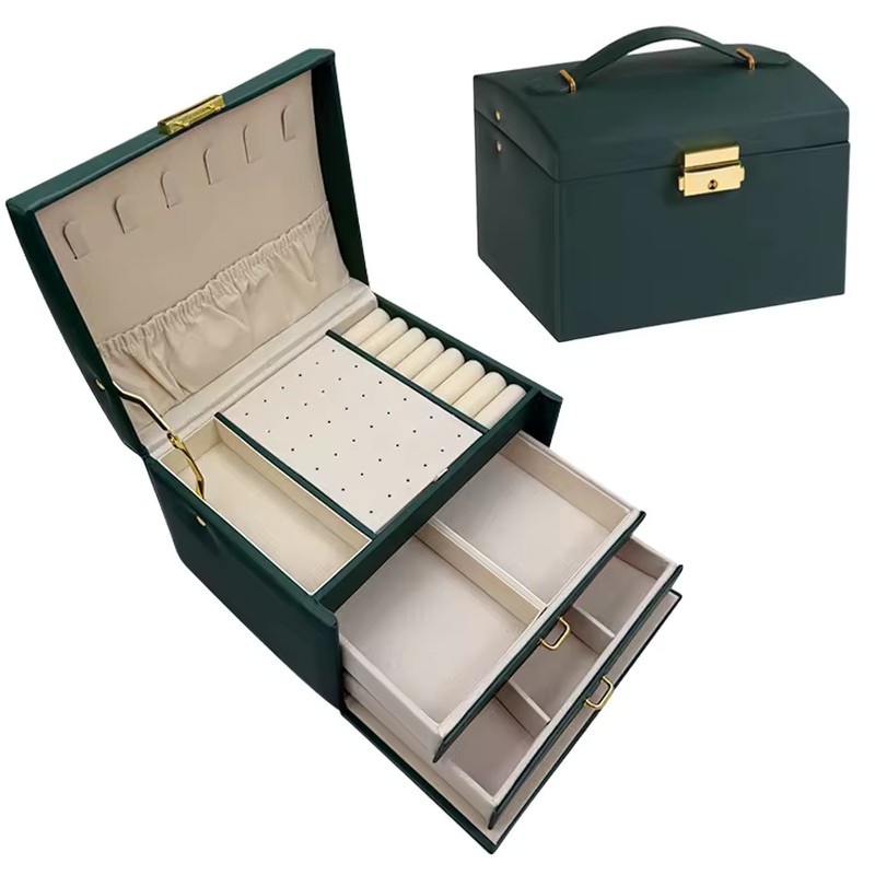 White Leather Jewelry Storage Box with Three Layers and Removable