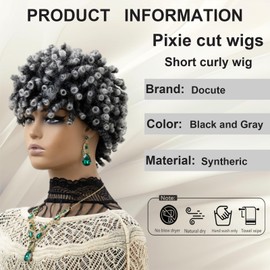 DOcute Afro Wig Afro Wigs For Black Women Pixie Wigs For Black Women Curly Hair Wig Gray Wigs For Women Synthetic Curly Wig Curly Grey Curly Wig Curly Short Wig（Black And Gray） (Black And Gray)