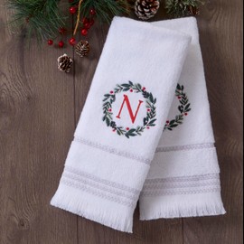 SKL Home Christmas/Winter Wreath Monogram Hand Towel N 2pc Set for Bath/Kitchen/Bar & Gift, White