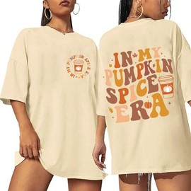 in My Pumpkin Spice Era Shirts for Women Oversized Funny Pumpkin Coffee Graphic T-Shirts Thanksgiving Tee Fall Season Tops-Beige XXL