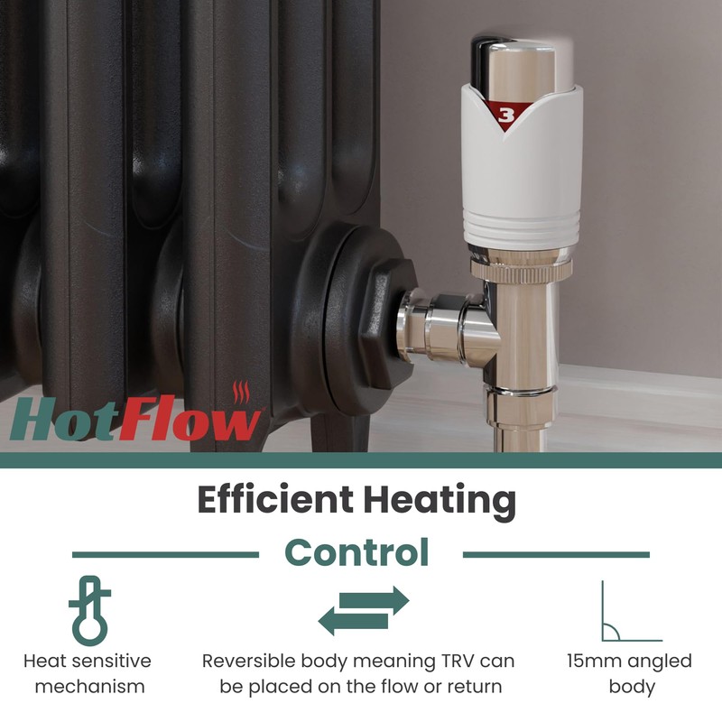 Hot Flow White Marella Modern Thermostatic Radiator Valve Angled TRV.