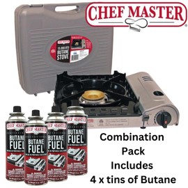 Chef Master 15,000 BTU Portable Butane Camping Stove COMBO with 4 x 8oz. Butane Fuel Canister, Double Wind-Guard Portable Stove Burner for Emergency, Road Trip, Backpacking & Camping Essential - 90019