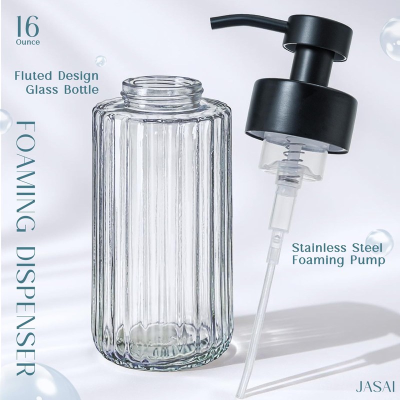 JASAI 16Oz Glass Foaming Soap Dispenser with Black Rust Proof