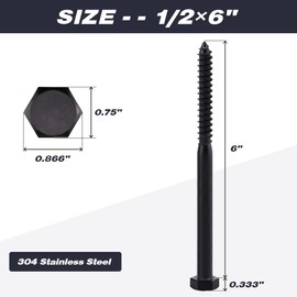 6-Sets 1/2 x 6 Hex Lag Screws and 1/2" ID Flat Washers, 304 Stainless Steel 18/8, Black Coated, Heavy Duty Wood Screws for Deck/Fence/Floor, by AOESIN