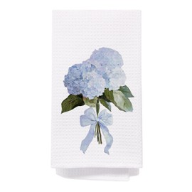 SPBL&L Blue Hydrangea Floral Kitchen Towels, Coquette Girly Blue Bow Hydrangea Flower Decorative Dish Tea Towels for Kitchen, Preppy Aesthetic Floral Hand Towels for Bathroom, 16x24 Inch