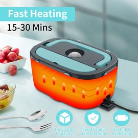 CHARMDOO Electric Lunch Box, Food Warmer Heater 12V 24V 110V, 80W Faster Heated Lunch Box for Car/Truck/Home Portable Heating Boxes with 1.5L 304 SS Container Fork & Spoon