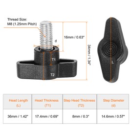 QUARKZMAN Pack of 10 Thumb Screws with T Wing Knobs, M8 x 16 mm, Plastic T-Head Clamping Screw, Wing Screw, Grab Handle, 36 mm Clamping Button, Thumb Screw, Tension Screw Hand Knob for Machine