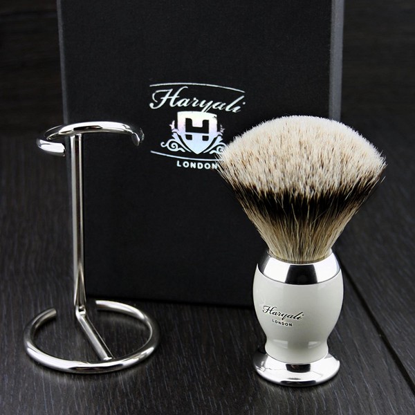 Silver Tip Badger Hair Shaving Brush Set with Off-White & Metal Handle & Stainless Steel Support