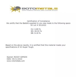 RotoMetals Alloy Super Tough 1 Babbitt Whole Bearing Ingot Grade 3