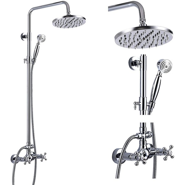 gotonovo Shower Fixture 8 Inch Rainfall Shower Head with Handheld Spray Polish Chrome Dual Knobs Mixer Bathroom Silver Shower Combo Set Wall Mount