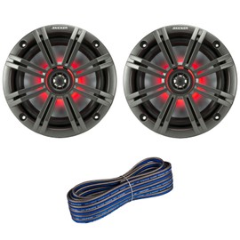 1 Pair (Qty 2) of Kicker 6.5" 2-Way 195 Watts Max Power Coaxial Marine Audio Multicolor LED Speakers with Charcoal Grilles, 50 Feet 16-Gauge Speaker Wire