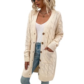 Womens Cardigan Long Sleeve Cable Knit Sweater Open Front Loose Outwear with Pocket (A-Beige,M)