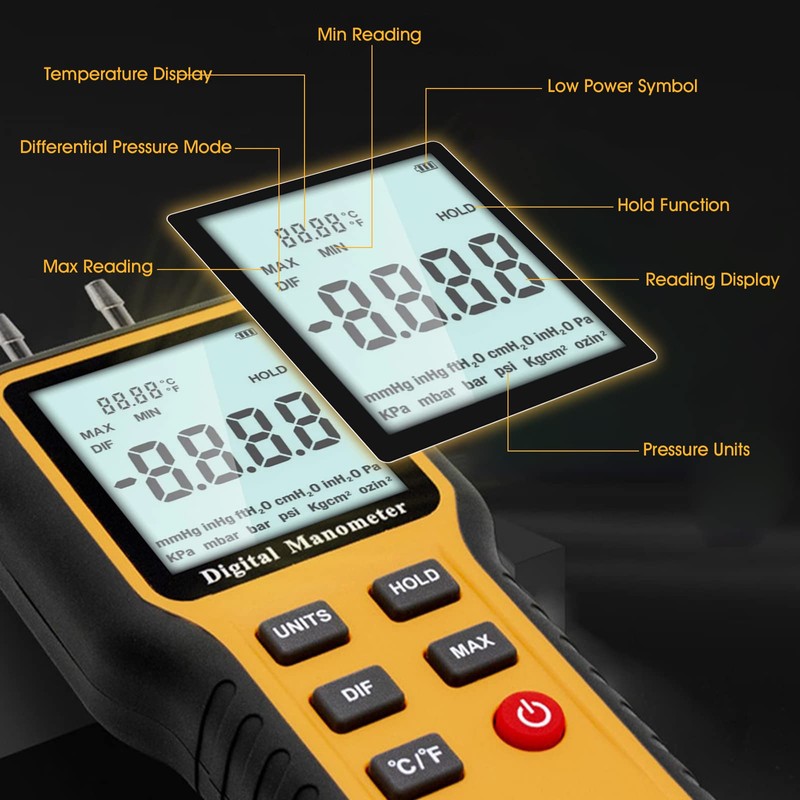 Manometer, Professional Air Pressure Meter, Dual-Port HVAC Digital Manometer Gas