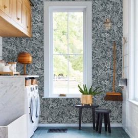 Fititem Peel and Stick Wallpaper Modern Boho Contact Paper Cabinet Dark Gray-Blue White Removable Self Adhesive Contact Paper Floral Tropical Leaf Waterproof Wallpaper Bathroom Bedroom 17.3inW 393inL