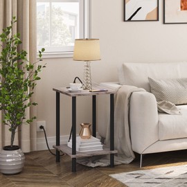 HOOBRO Set of 2 End Tables with Charging Station, Nightstand with 2-Layer Storage Shelves, Side Table for Small Spaces, Living Room, Bedroom, Stable Frame, Easy Assembly, Greige and Black BG09UBZP201