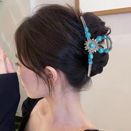 2 Pack Large Turquoise Blue Stone Hair Claw Clip Western Hair Clips Metal Nonslip Hair Accessories for Women Thick Hair Sunflower Silver