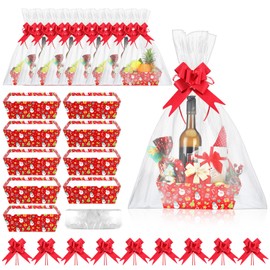 Cholemy 27 Pcs Christmas Baskets for Gifts Empty, 9 Pcs Gift Baskets Empty with Handles 9 Pcs Basket Bags and 9 Pcs Red Pull Bows Cardboard Baskets Bags Kit for Xmas Birthday Holiday Wedding Party