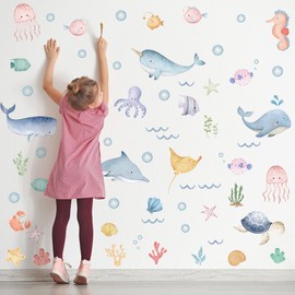 HJKlove Ocean Animal Wall Decals,Under The Sea Whales Wall Decal Stickers,Under The Sea Wall Decals,Removable Fish Under Sea View Animals Peel and Sticks Wall Art Decor, 2024119-5