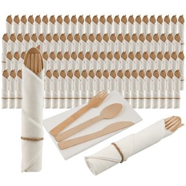 Pre Rolled Napkin and Cutlery Set - 100Pack Utensils/Cutlery Set(100 Forks, 100 Knives, 100 Spoons, 100 Napkins), Biodegradable Wrapped Cutlery for Party, Banquet, Wedding