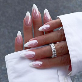 French Tip Chrome Press on Nails Medium Almond Fake Nails Press ons with Designs Chrome White French Tip False Nails Glossy Full Cover Cute Acrylic Stick on Nails for Women Nails Decorations 24Pcs