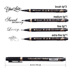 Calligraphy Set of 6 Calligraphy Pens, 4 Sizes, Black Fibre Tip Pen, Calligraphy Marker Pen for Lettering, Beginners, Diary Signature, Signing