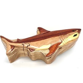 Handmade Wooden Puzzle Box with Secret Compartment, Shark Design, All-Natural Intarsia Wood Art